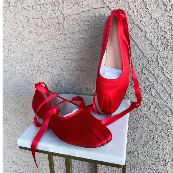 J. CREW Ruby Red Satin Lace Up Ballet Slippers Flats Pointe Shoe Style Flats - Picture 10 of 17